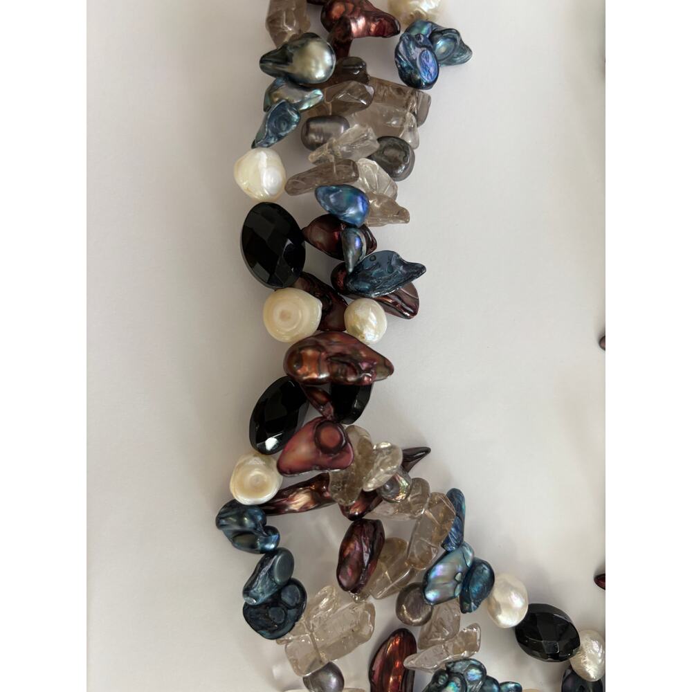 Cultured Freshwater Keshi Pearls Rock Crystal Blue Brown Multi Strand Torsade - Picture 3 of 3